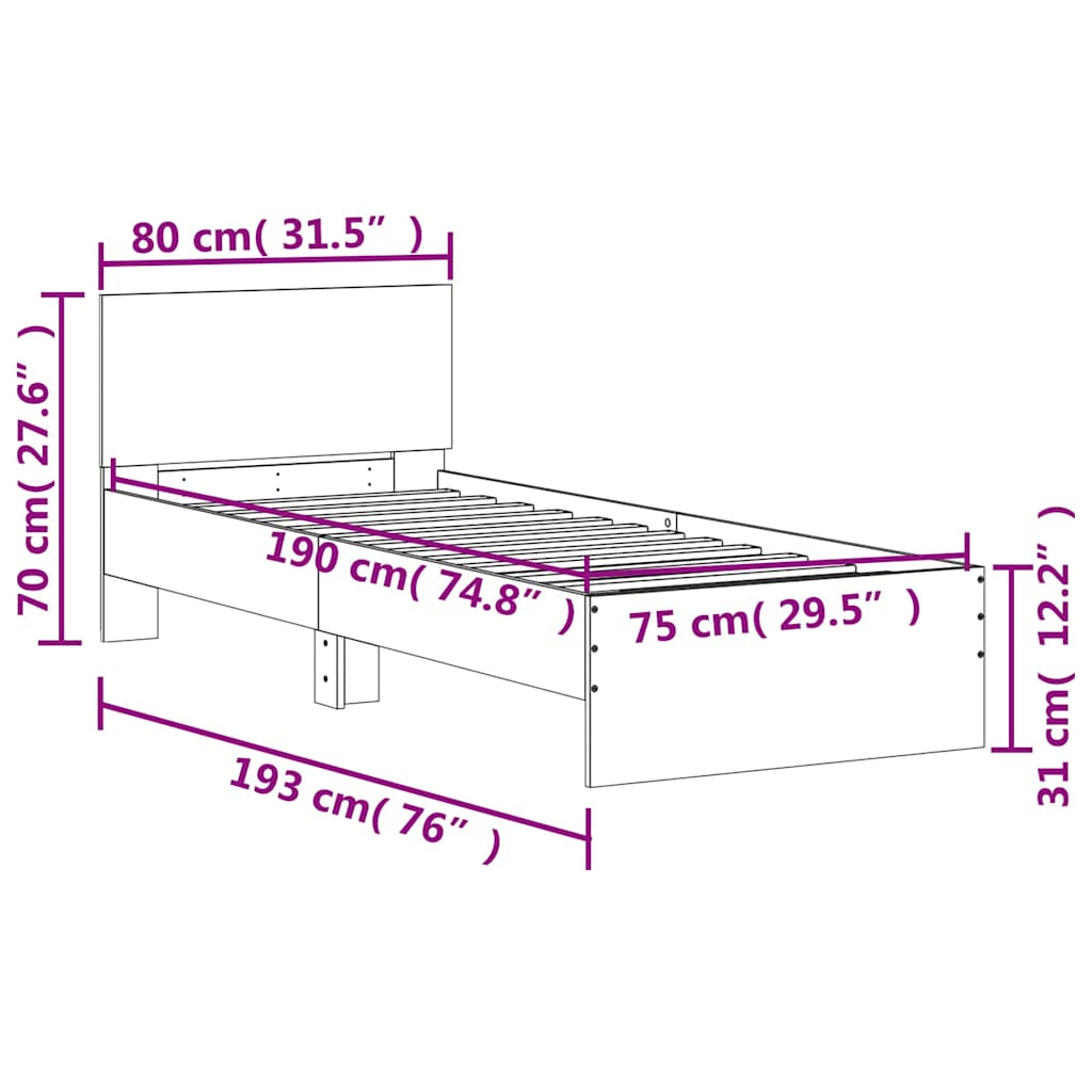 Πλαίσιο Κρεβατιού με Κεφαλάρι Sonoma Δρυς 75x190 εκ. Επεξ. Ξύλο - Pakobazaar