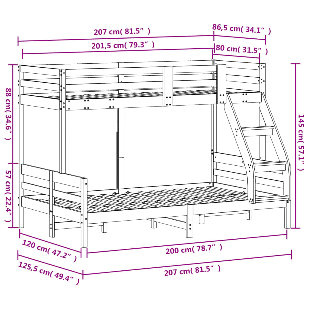 Κουκέτα 80x200/120x200 εκ. Καφέ Κεριού από Μασίφ Ξύλο Πεύκου
