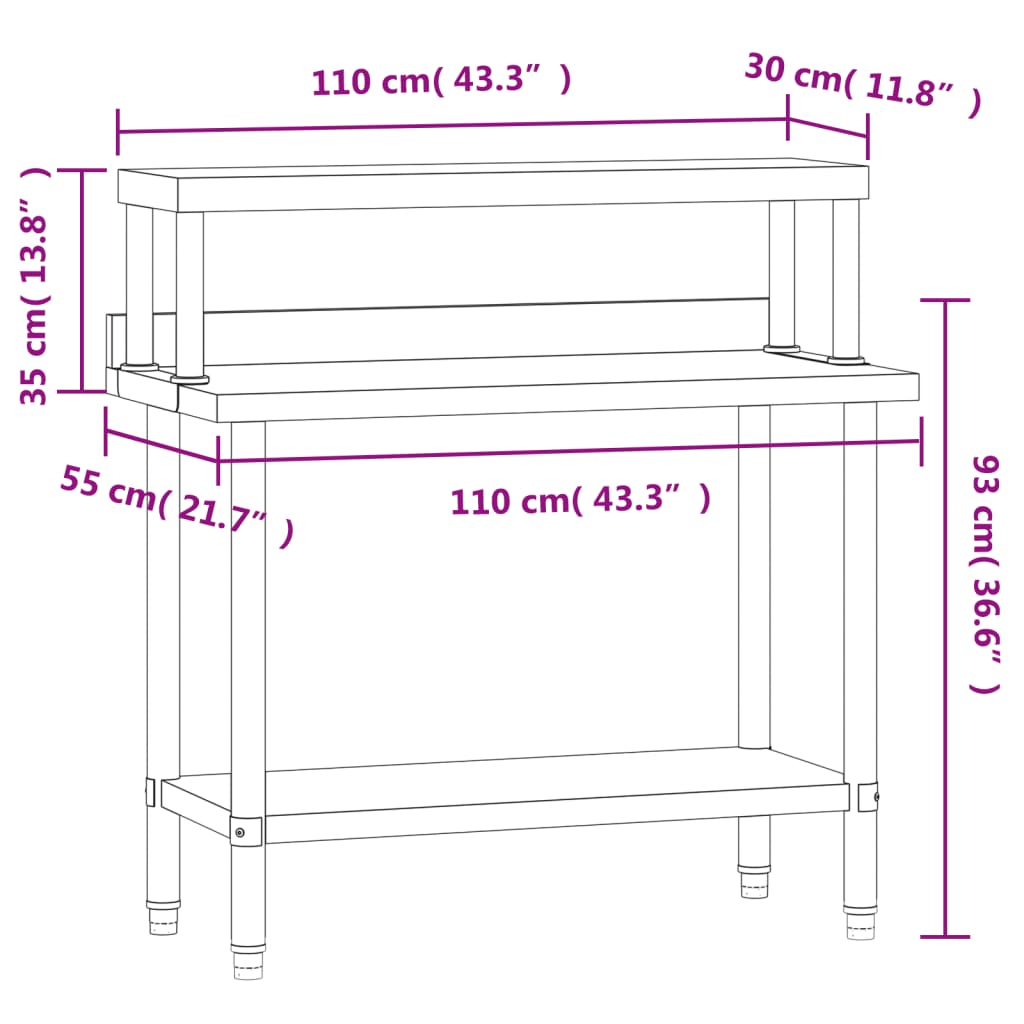Πάγκος Εργασίας Κουζίνας με Ράφι 110x55x120 εκ. Ανοξείδ. Ατσάλι