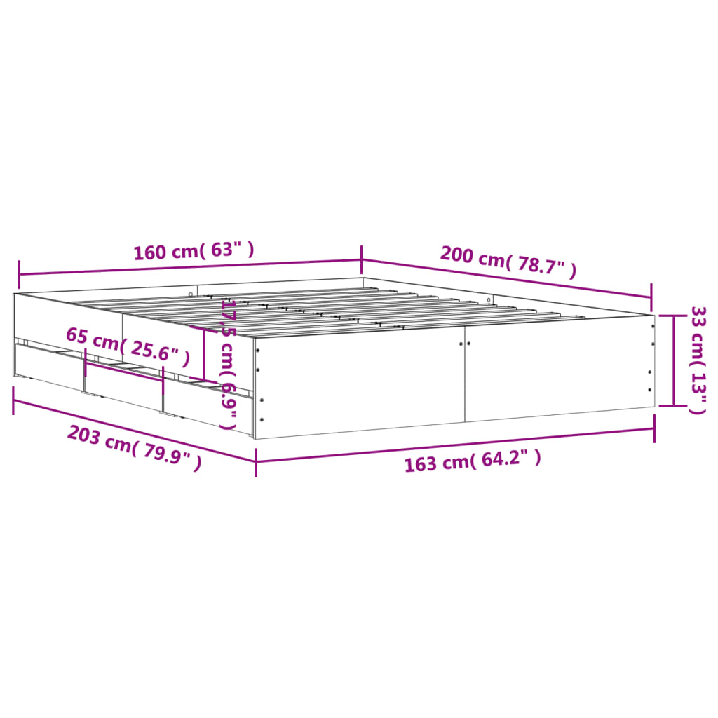 Πλαίσιο Κρεβατιού με συρτάρια Καφέ δρυς 160x200 εκ. Επεξ. Ξύλο