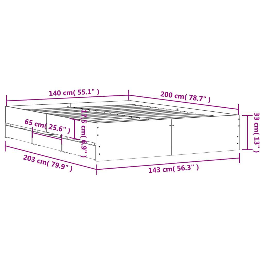 Πλαίσιο Κρεβατιού με συρτάρια Γκρι Σκυρ. 140x200 εκ. Επεξ. Ξύλο