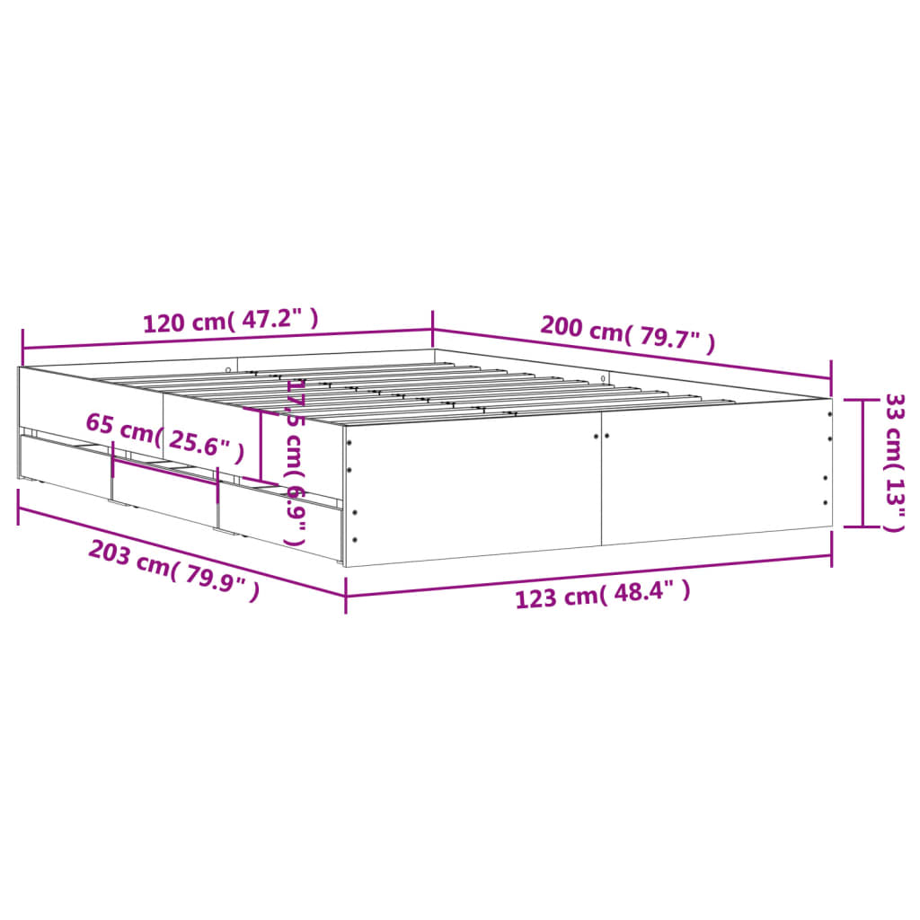 Πλαίσιο Κρεβατιού με συρτάρια Καφέ δρυς 120x200 εκ. Επεξ. Ξύλο