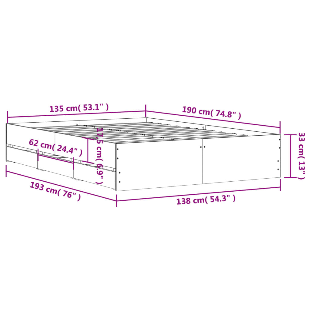Πλαίσιο Κρεβατιού με συρτάρια Καφέ Δρυς 135x190εκ. Επεξ. Ξύλο