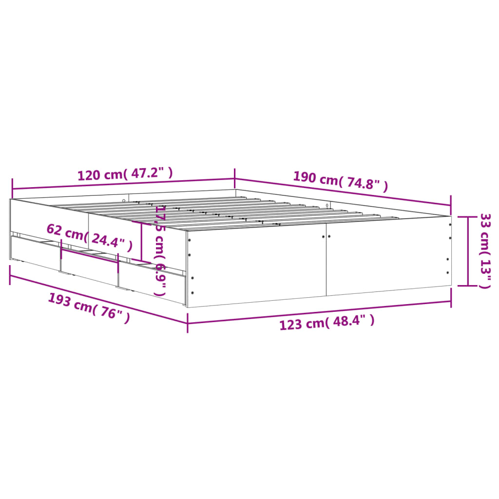 Πλαίσιο Κρεβατιού με συρτάρια Sonoma Δρυς 120x190εκ. Επεξ. Ξύλο
