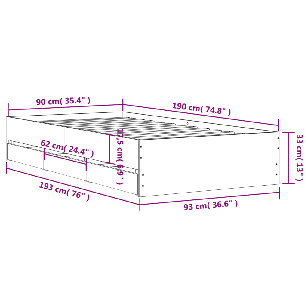 Πλαίσιο Κρεβατιού με Συρτάρια Sonoma Δρυς 90x190εκ. Επεξ. Ξύλο