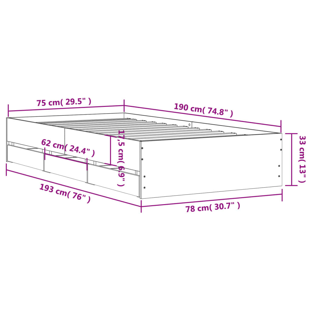 Πλαίσιο Κρεβατιού με Συρτάρια Sonoma Δρυς 75x190 εκ. Επεξ. Ξύλο