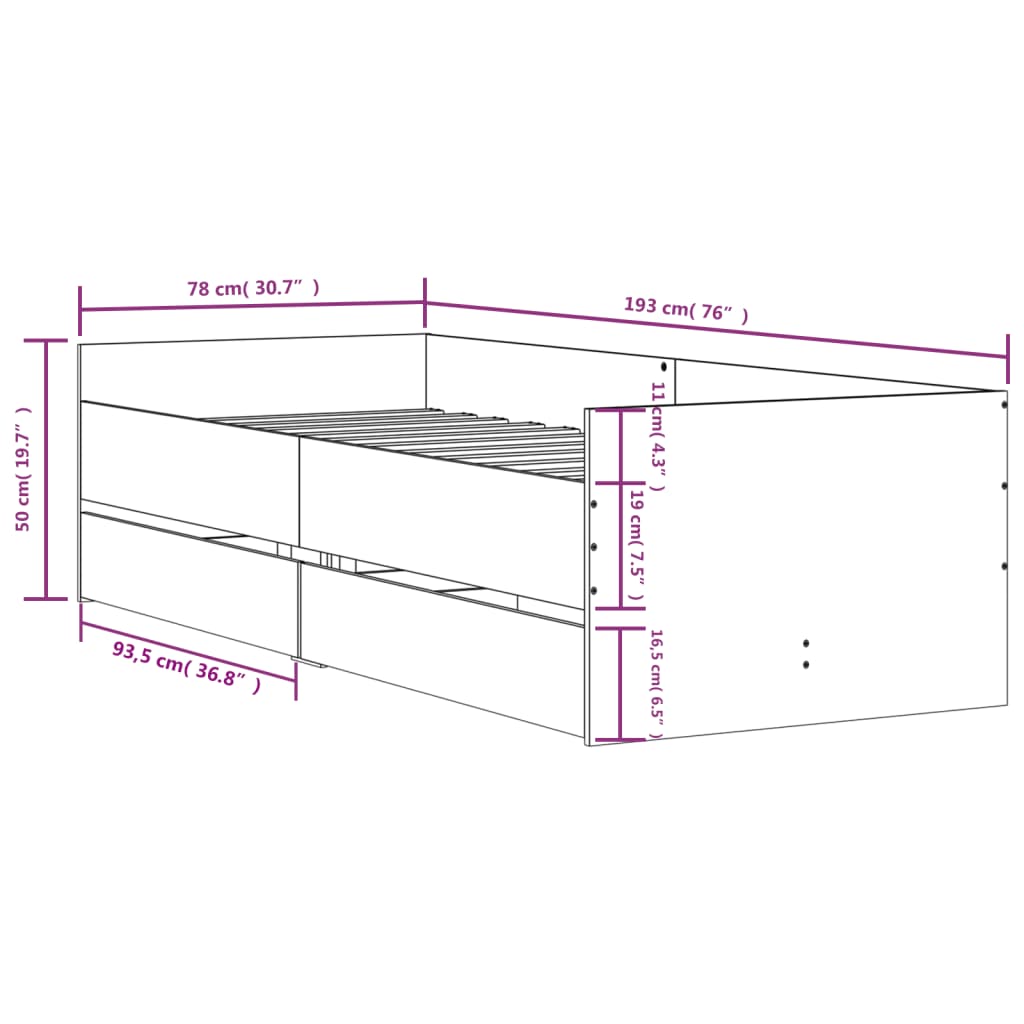 Πλαίσιο Κρεβατιού Με Συρτάρια Γκρι Sonoma 75x190εκ Small Single