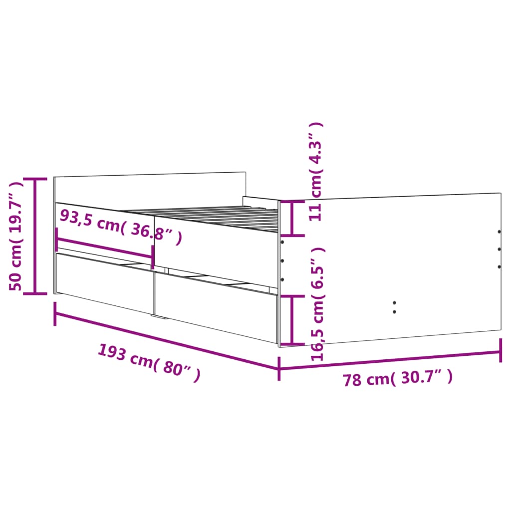 Πλαίσιο Κρεβατιού Με Συρτάρια Μαύρο 75x190 εκ Small Single