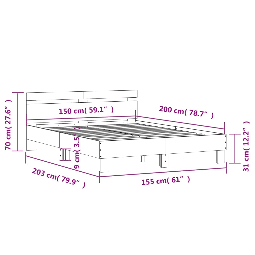 Πλαίσιο Κρεβατιού με Κεφαλάρι Γκρι Sonoma 150x200εκ. Επεξ. Ξύλο