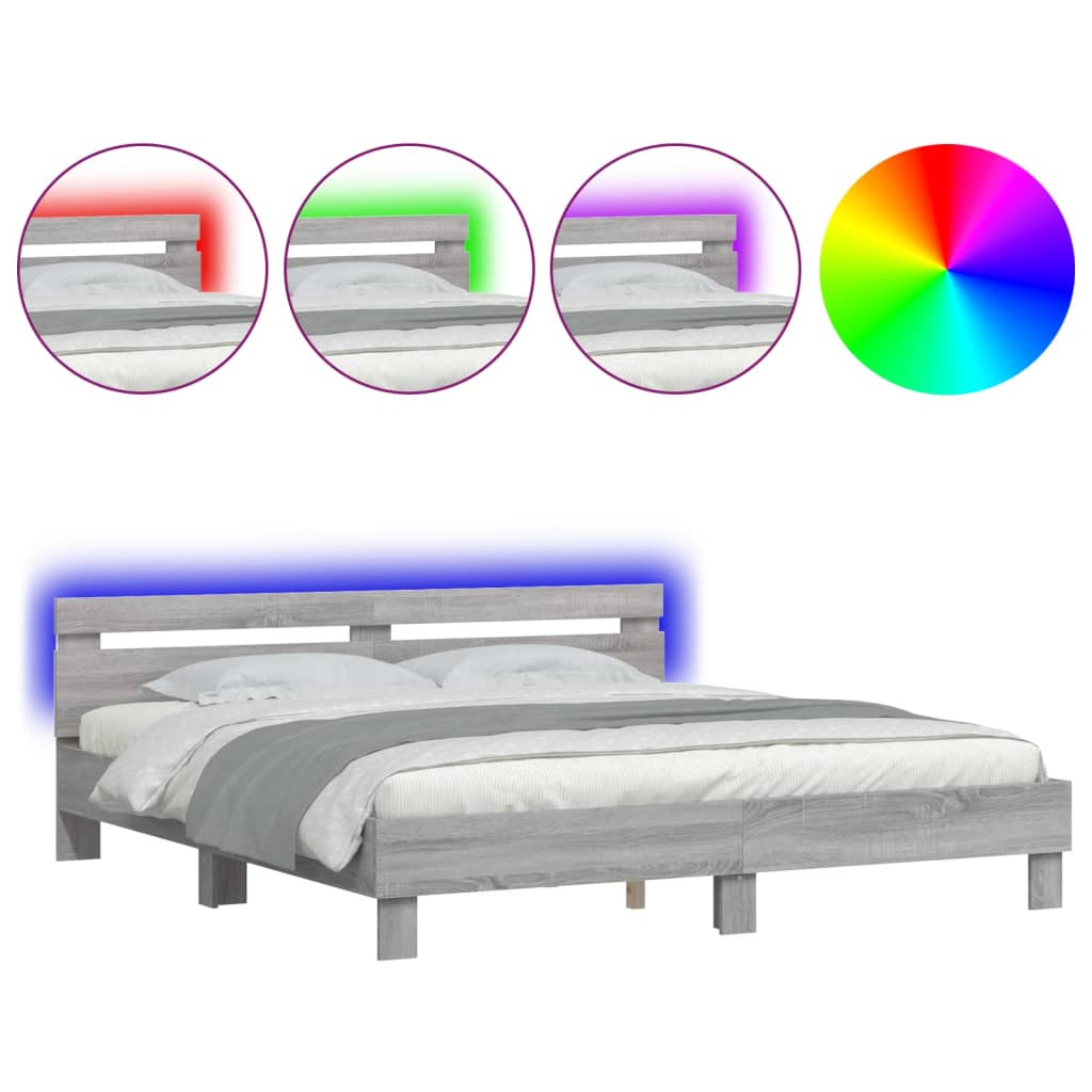 Πλαίσιο Κρεβατιού με Κεφαλάρι/LED Γκρι Sonoma 200x200 εκ.