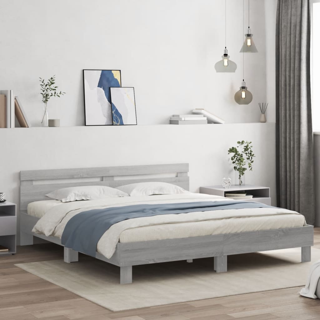 Πλαίσιο Κρεβατιού με Κεφαλάρι/LED Γκρι Sonoma 200x200 εκ.