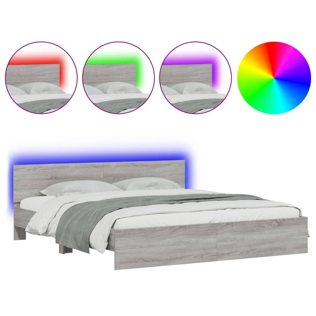 Πλαίσιο Κρεβατιού με Κεφαλάρι/LED Γκρι Sonoma 200x200 εκ.