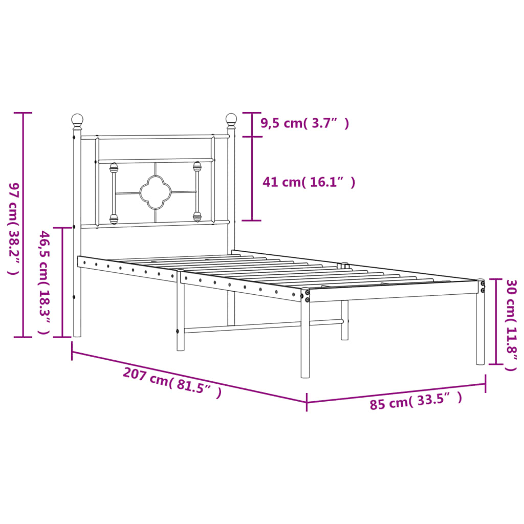 Πλαίσιο Κρεβατιού με Κεφαλάρι Μαύρο 80 x 200 εκ. Μεταλλικό