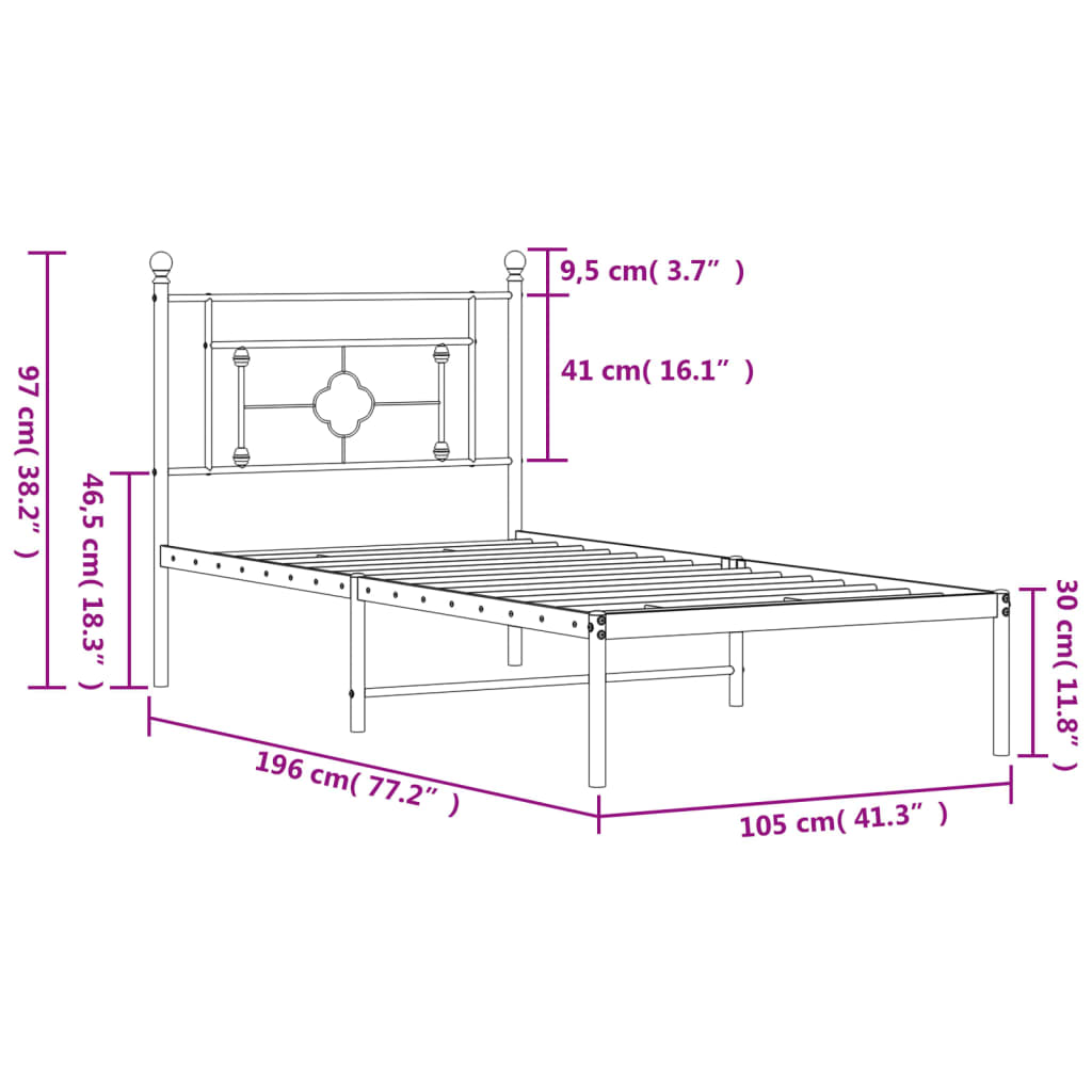 Πλαίσιο Κρεβατιού με Κεφαλάρι Μαύρο 100 x 190 εκ. Μεταλλικό