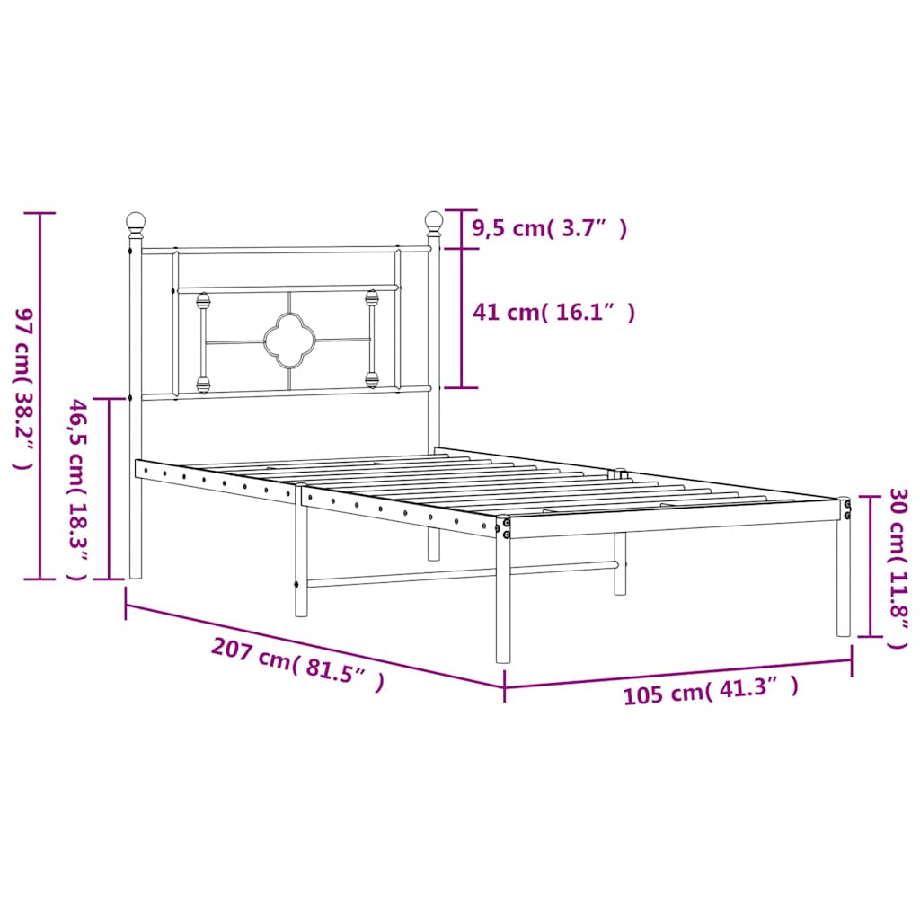 Πλαίσιο Κρεβατιού με Κεφαλάρι Μαύρο 100 x 200 εκ. Μεταλλικό