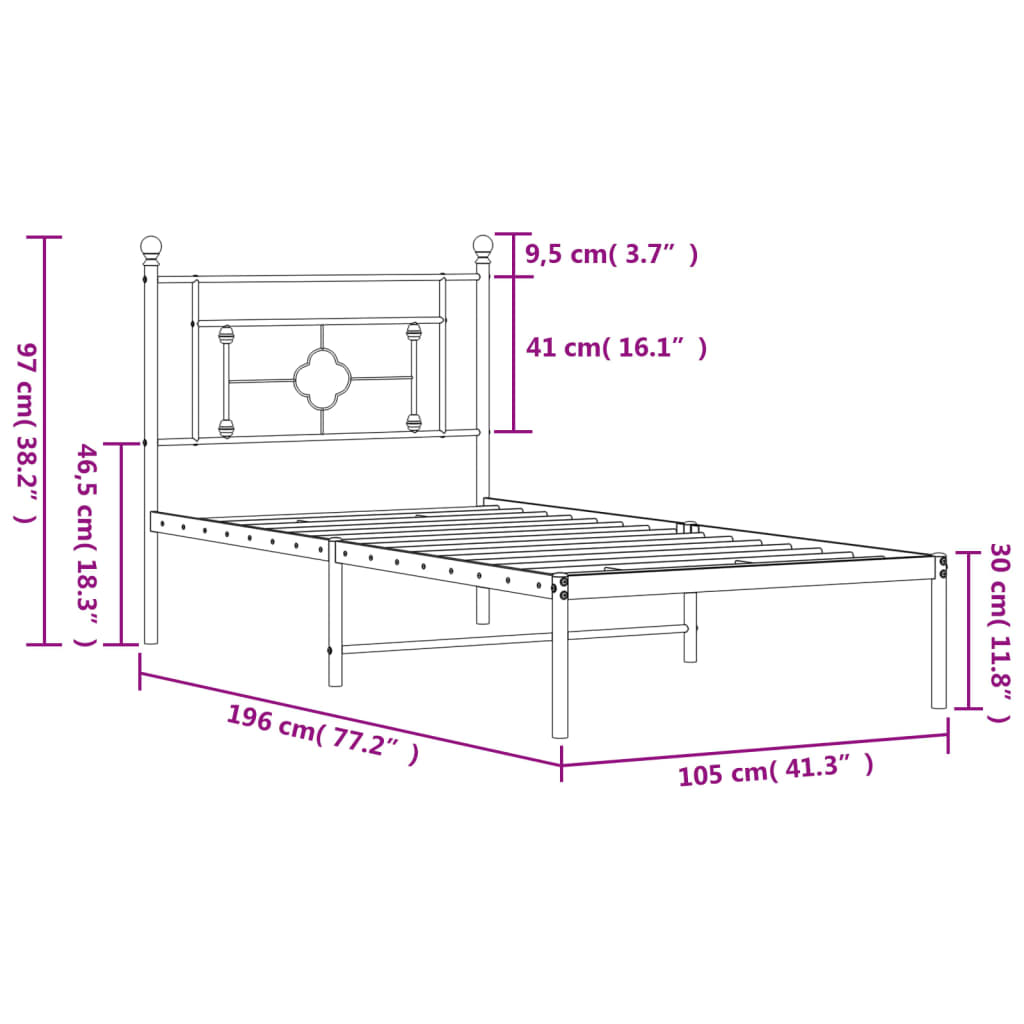 Πλαίσιο Κρεβατιού με Κεφαλάρι Λευκό 100x190 εκ. Μεταλλικό