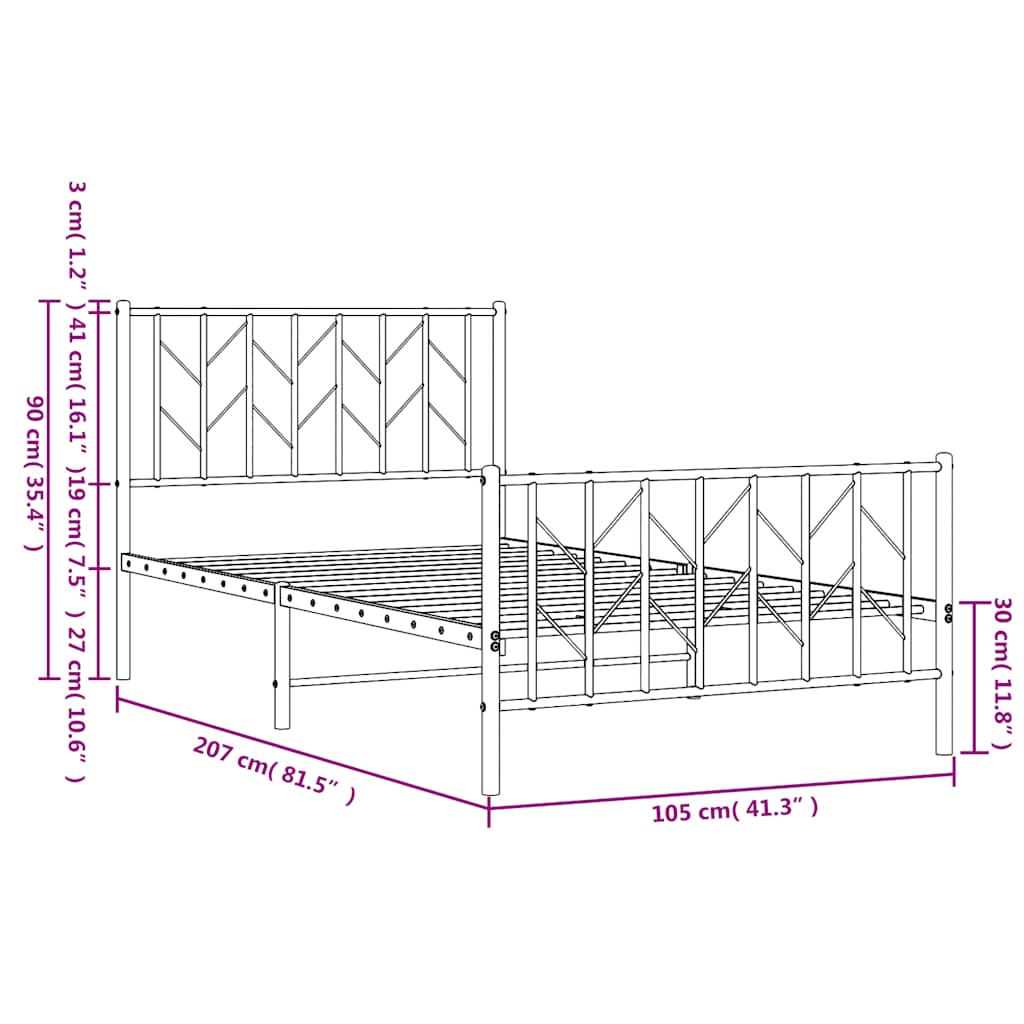 Πλαίσιο Κρεβατιού με Κεφαλάρι&Ποδαρικό Μαύρο 100x200εκ. Μέταλλο