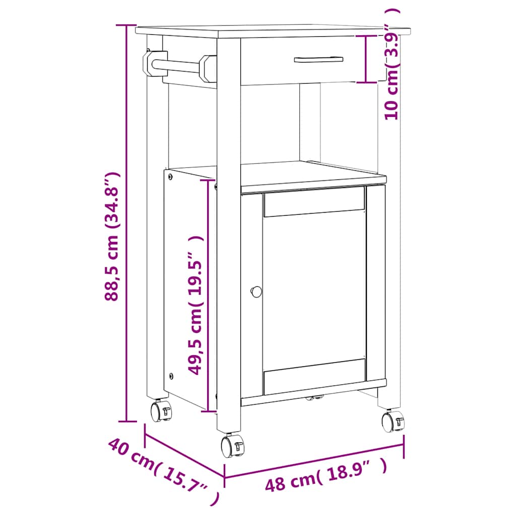 Τρόλεϊ Κουζίνας MONZA 48x40x88,5 εκ. από Μασίφ Ξύλο Πεύκου