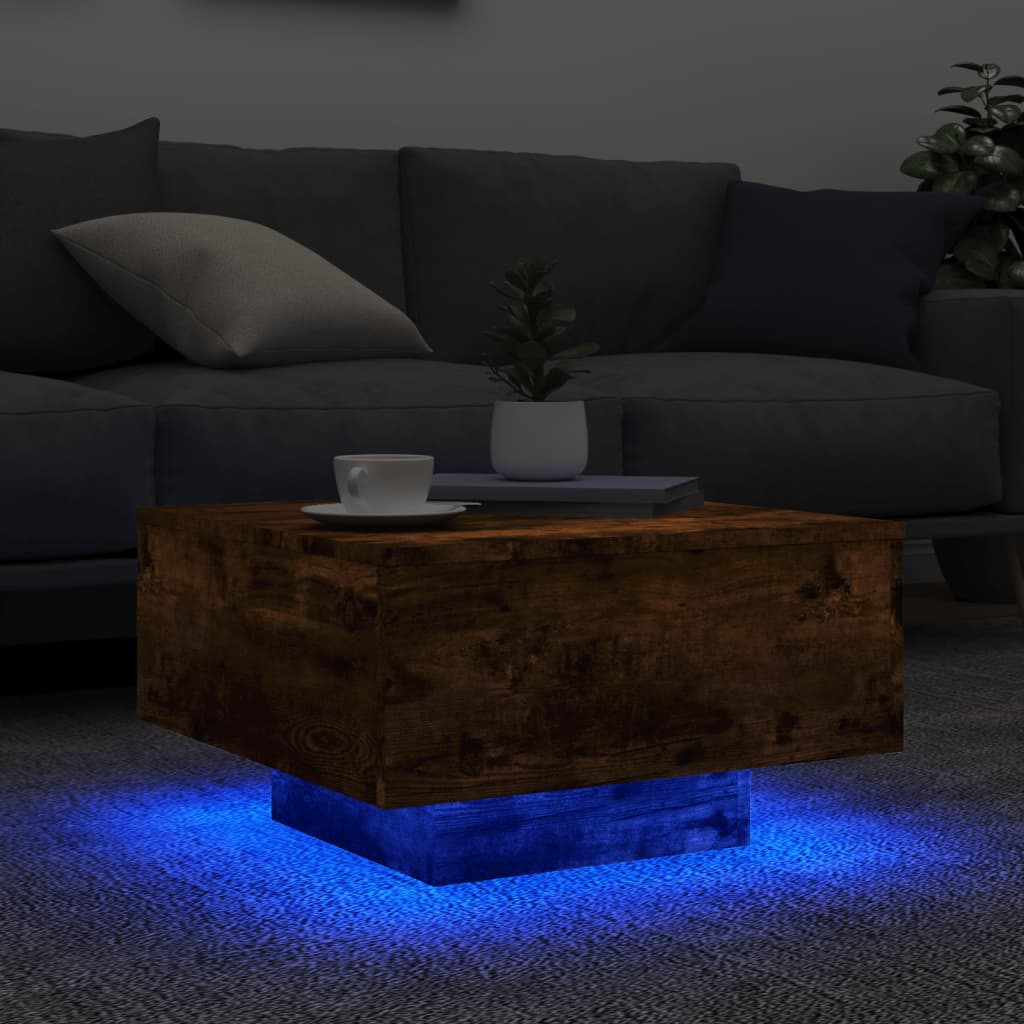 Τραπεζάκι Σαλονιού με Φώτα LED Καπνιστή Δρυς 55x55x31 εκ. - Pakobazaar