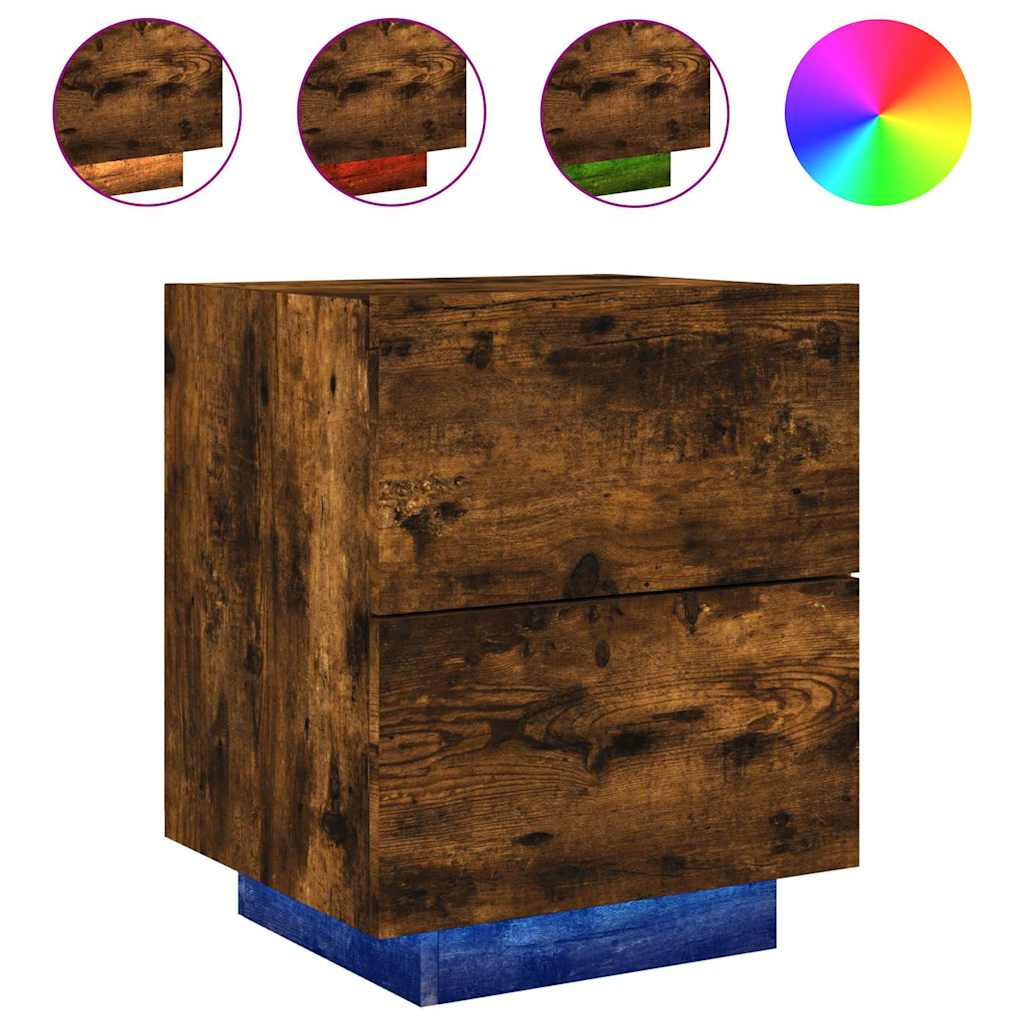 Κομοδίνα με Φώτα LED 2 τεμ. Καπνιστή Δρυς από Επεξεργ. Ξύλο - Pakobazaar