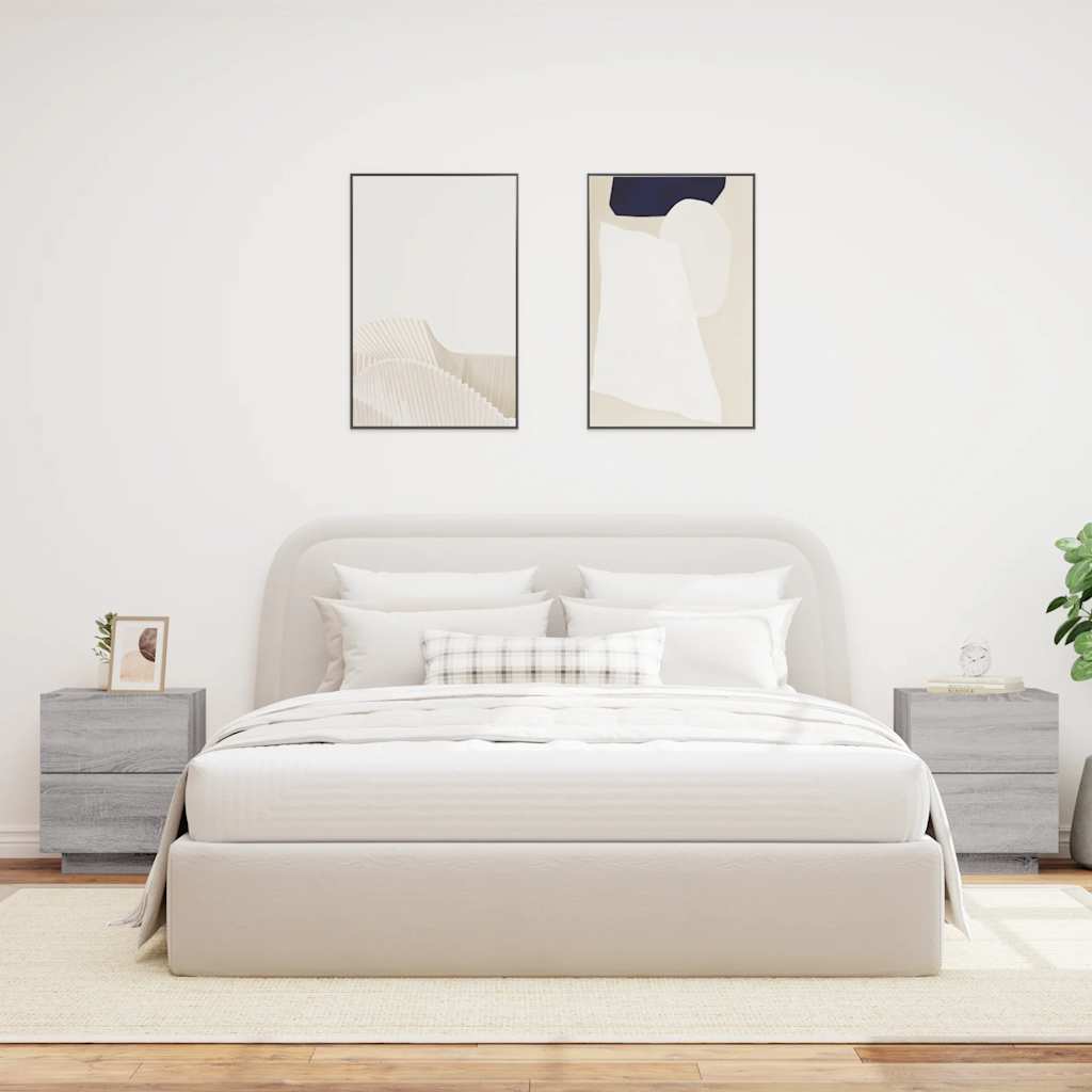 Κομοδίνα με Φώτα LED 2 τεμ. Γκρι Sonoma από Επεξεργασμένο Ξύλο - Pakobazaar