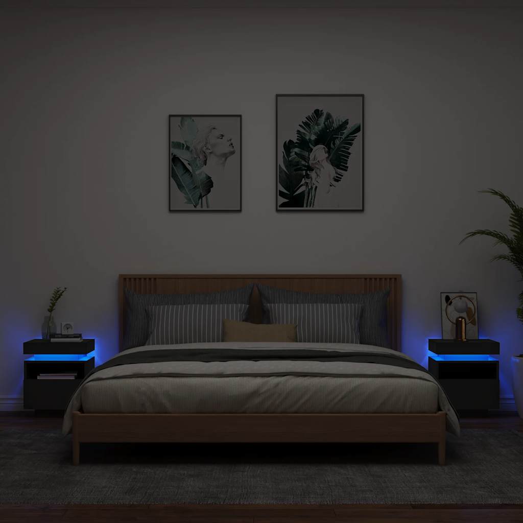 Κομοδίνα με Φώτα LED 2 τεμ. Μαύρα 40x39x48,5 εκ. - Pakobazaar