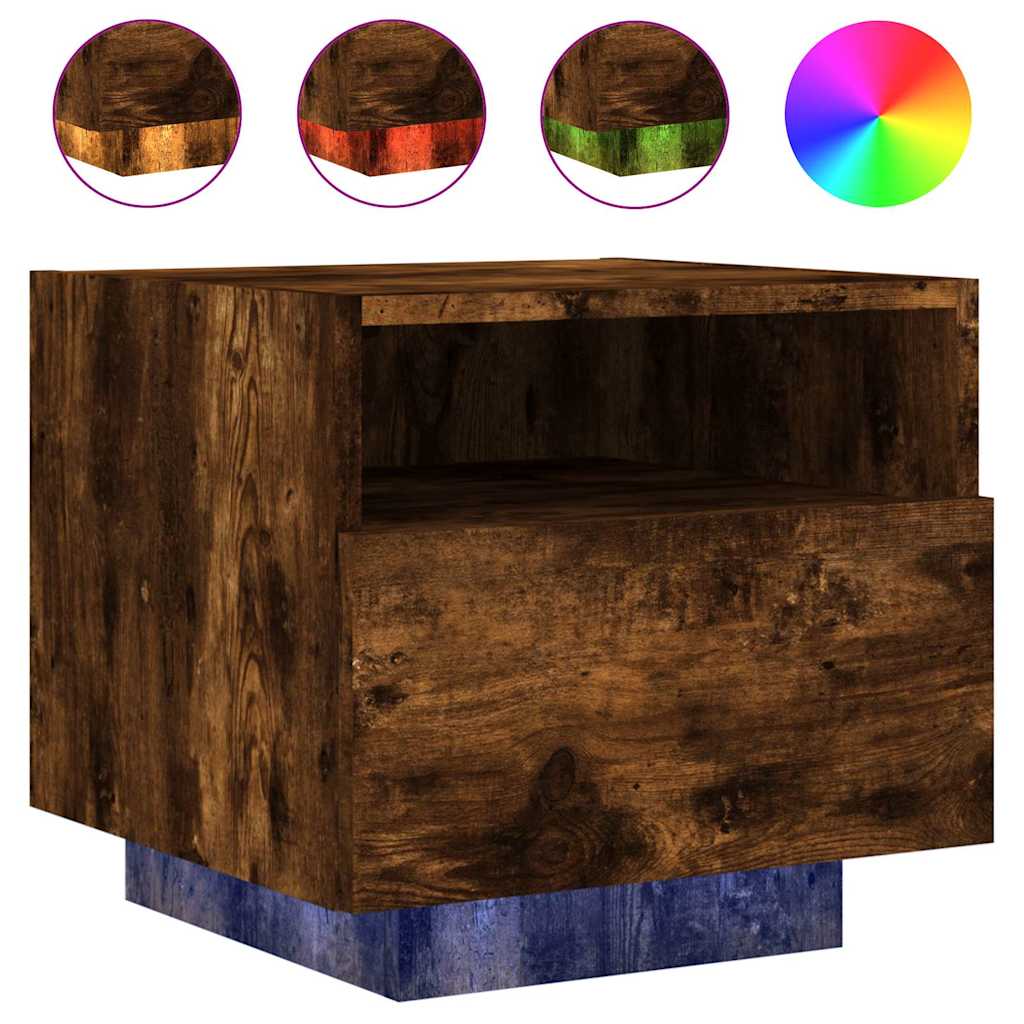 Κομοδίνο με Φώτα LED Καπνιστή Δρυς 40 x 39 x 37 εκ. - Pakobazaar