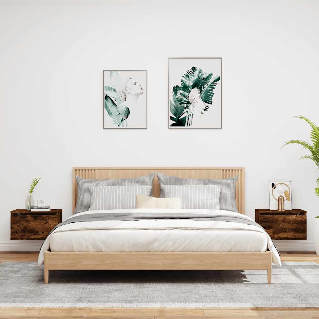 Κομοδίνα Επιτοίχια με Φώτα LED 2 τεμ. Καπνιστή Δρυς - Pakobazaar