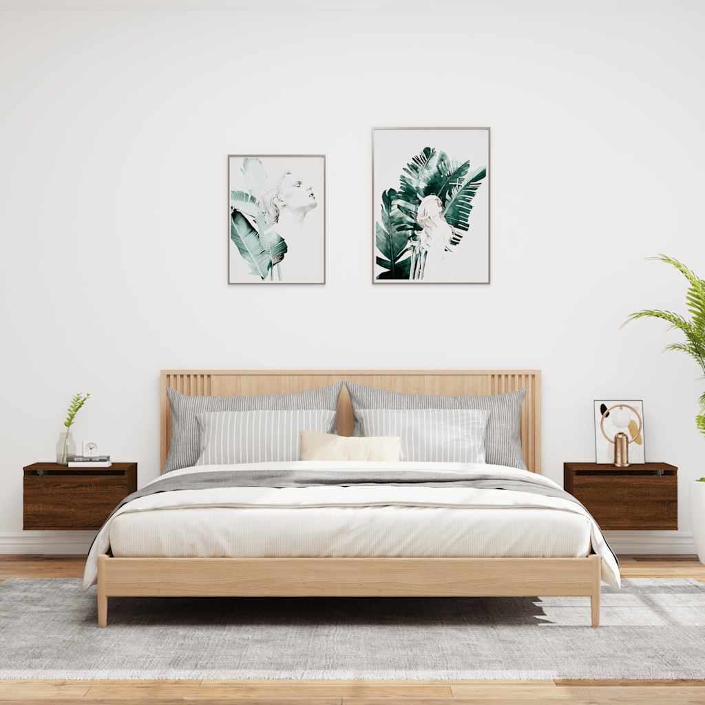 Κομοδίνα Επιτοίχια με Φώτα LED 2 τεμ. Καφέ Δρυς - Pakobazaar