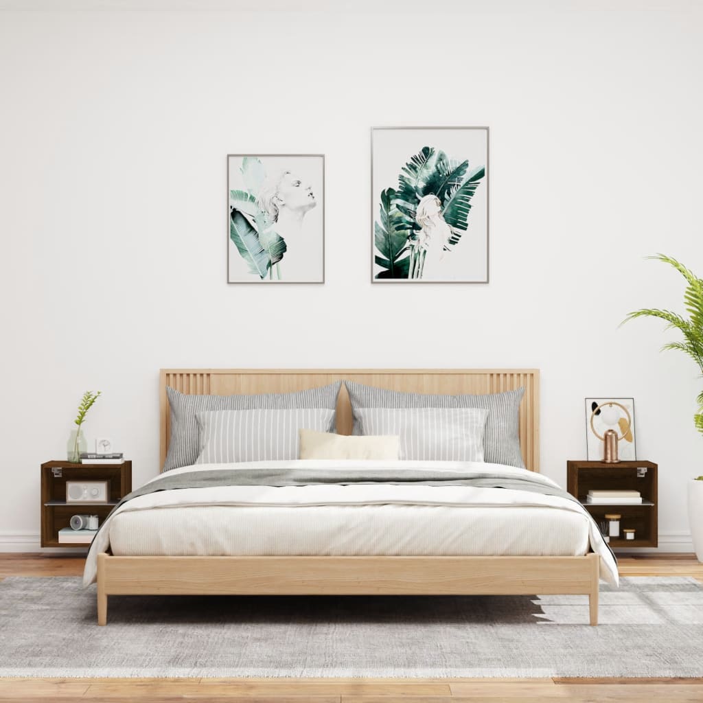 Κομοδίνα Επιτοίχια με Φώτα LED 2 Τεμ. Καφέ Δρυς - Pakobazaar