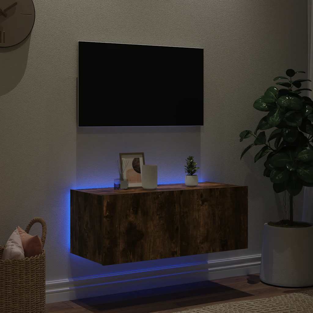 Έπιπλο Τοίχου Τηλεόρασης με LED Καπνιστή Δρυς 80x35x31 εκ. - Pakobazaar