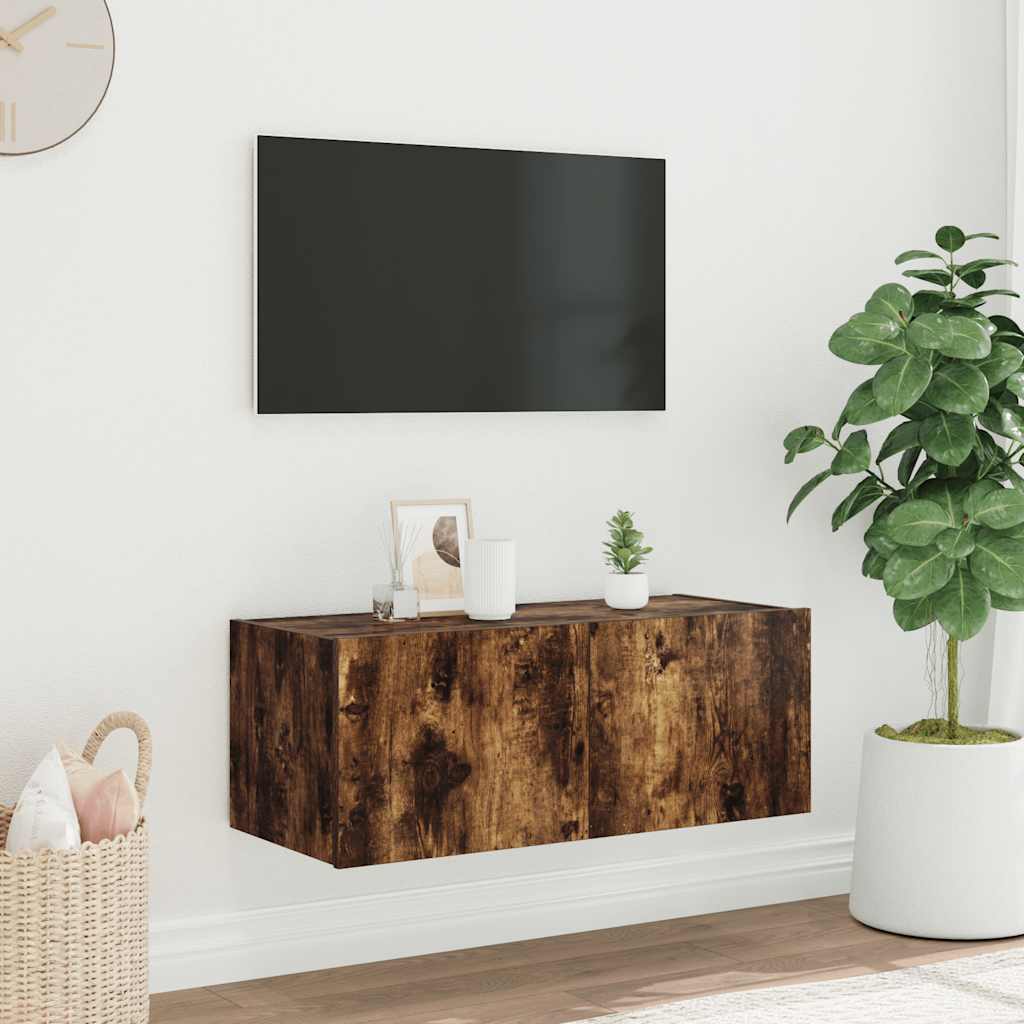 Έπιπλο Τοίχου Τηλεόρασης με LED Καπνιστή Δρυς 80x35x31 εκ. - Pakobazaar