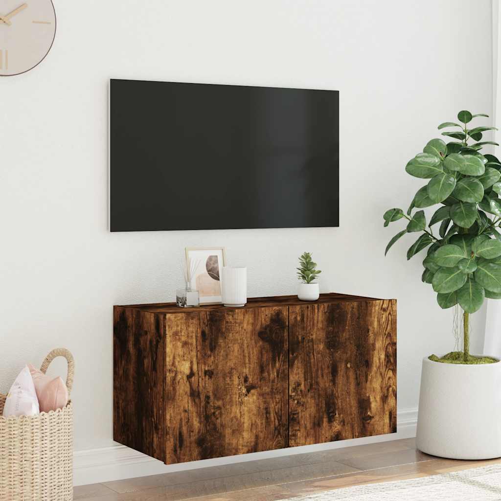 Έπιπλο Τοίχου Τηλεόρασης με LED Καπνιστή Δρυς 80x35x41 εκ. - Pakobazaar