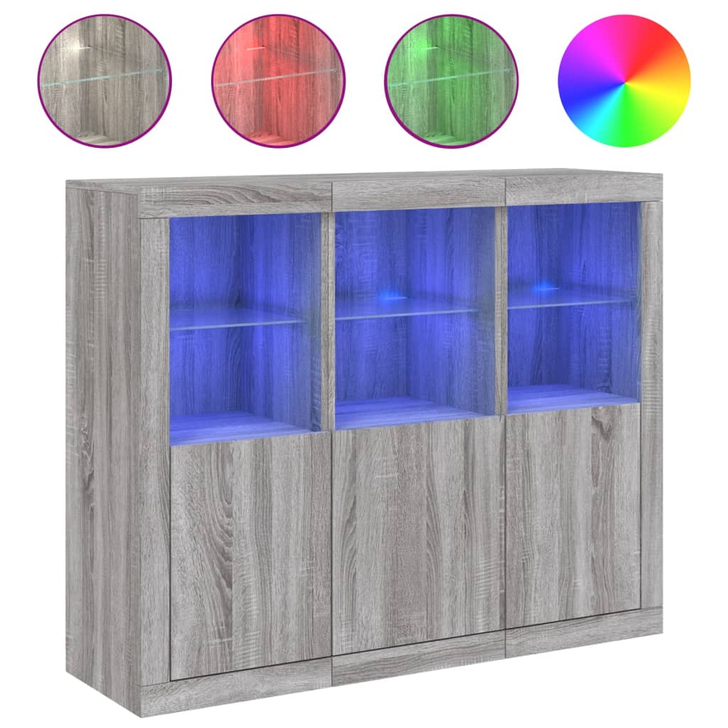 Μπουφέδες με Φώτα LED 3 τεμ. Γκρι Sonoma από Επεξεργασμένο Ξύλο