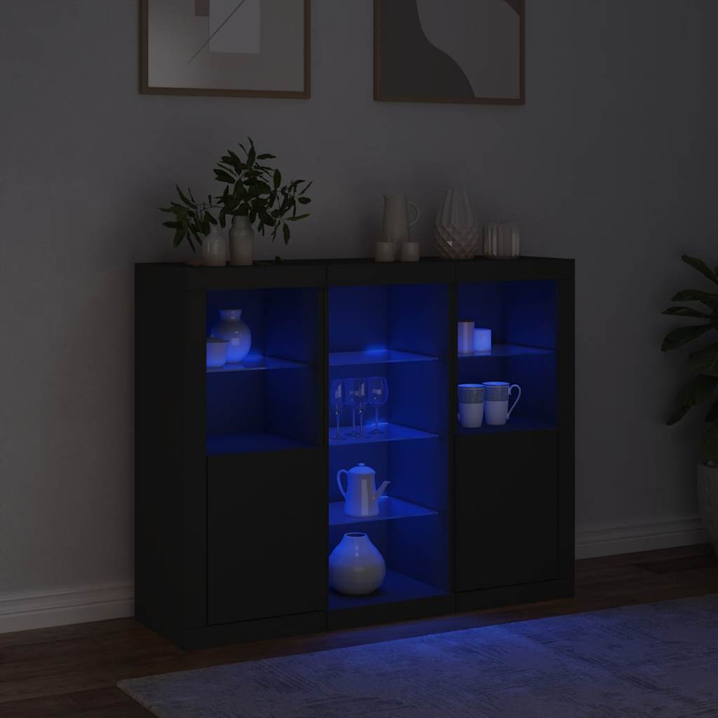 Μπουφέδες με Φώτα LED 3 τεμ. Μαύροι από Επεξεργασμένο Ξύλο - Pakobazaar