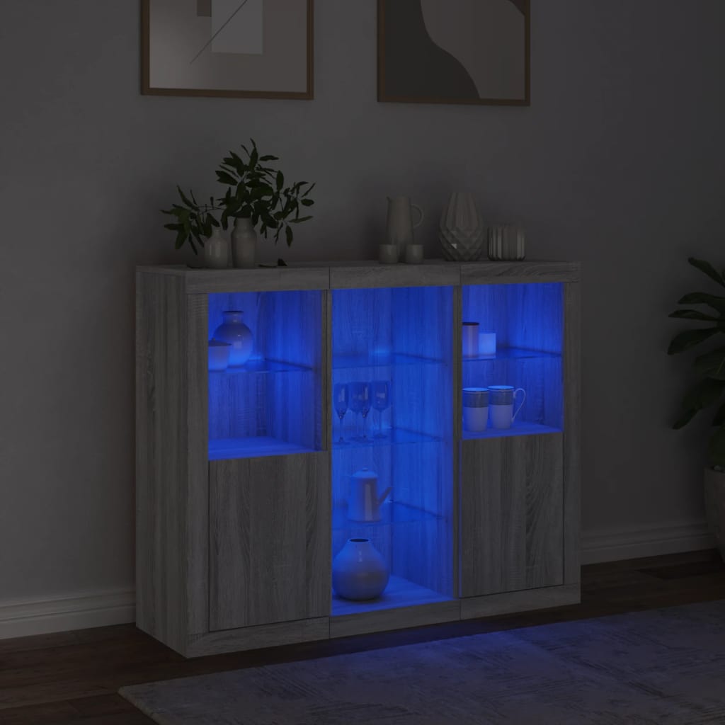 Μπουφέδες με Φώτα LED 3 τεμ. Γκρι Sonoma από Επεξεργασμένο Ξύλο