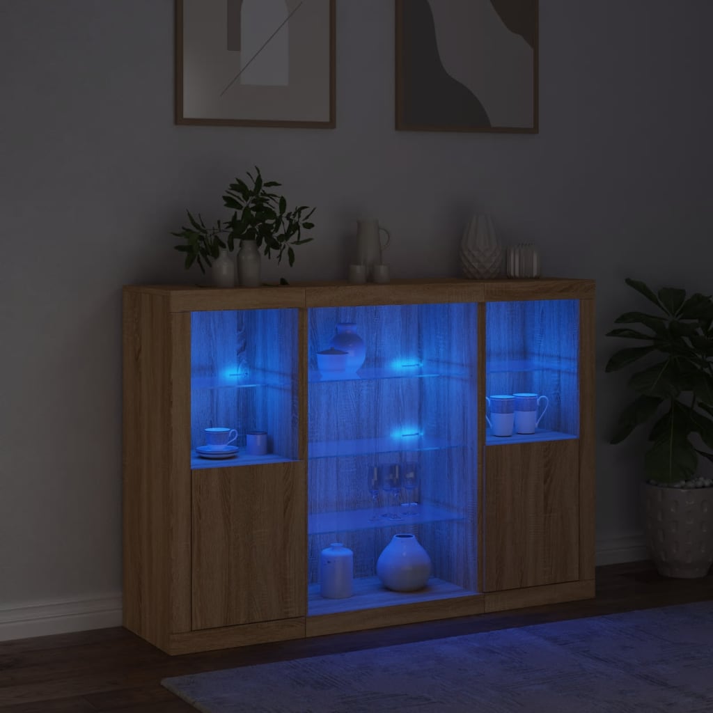 Μπουφέδες με Φώτα LED 3 τεμ. Sonoma Δρυς από Επεξεργασμένο Ξύλο