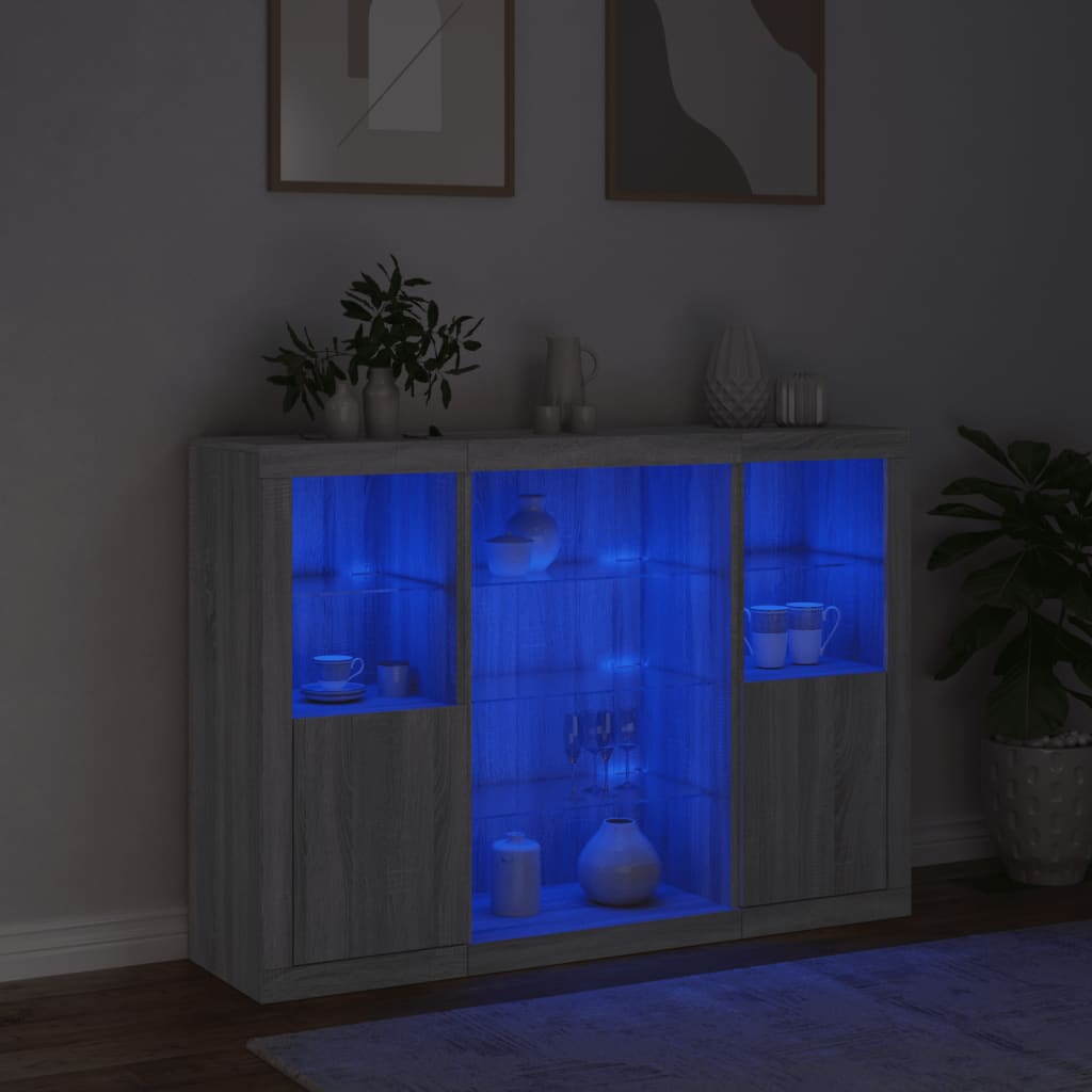 Μπουφέδες με Φώτα LED 3 τεμ. Γκρι Sonoma από Επεξεργασμένο Ξύλο