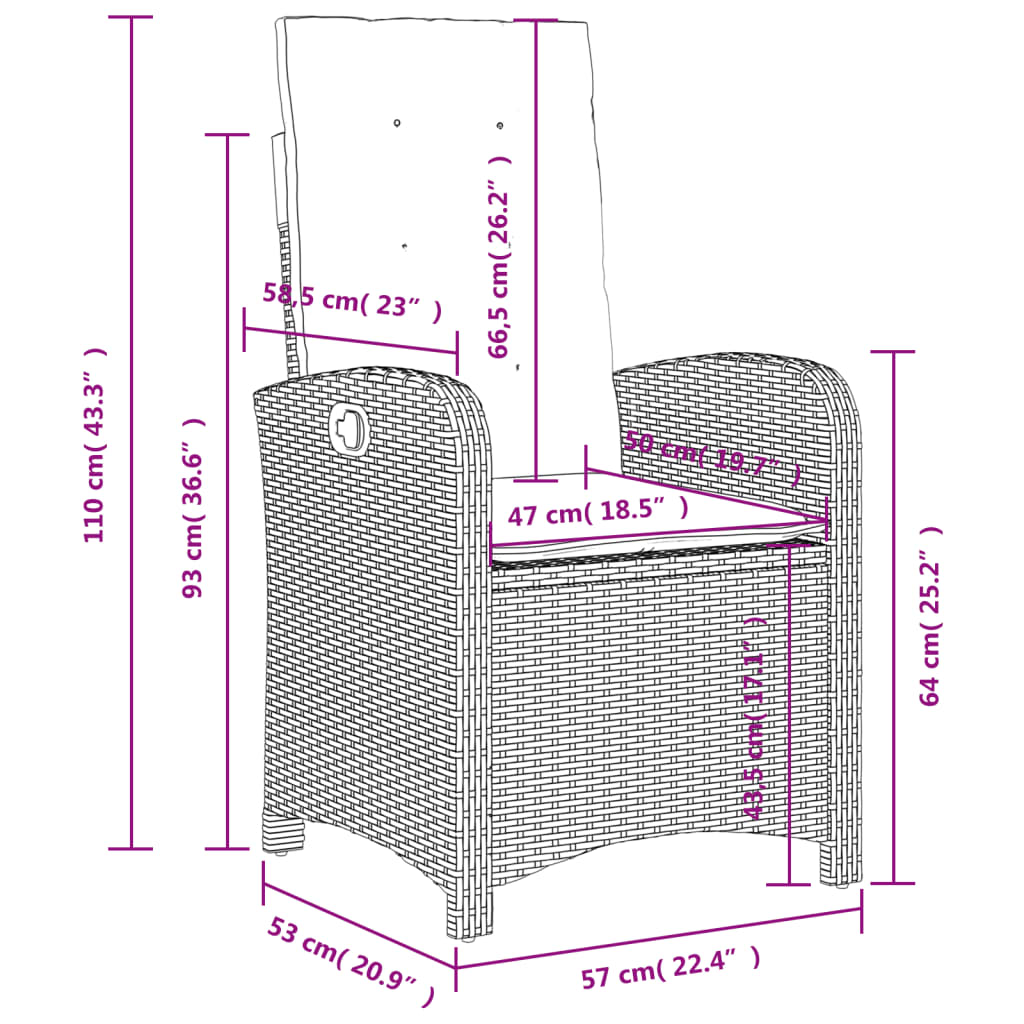 Καρέκλα Κήπου Ανακλινόμενη Αν.Γκρι Συνθετικό Ρατάν με Μαξιλάρια