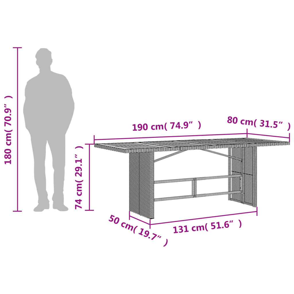 Τραπέζι Κήπου Επιφάνεια Ακακίας Γκρι 190x80x74εκ. Συνθ. Ρατάν - Pakobazaar