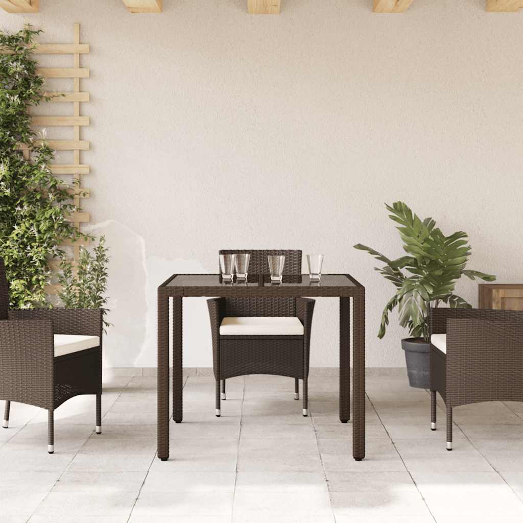 Τραπέζι Κήπου με Γυάλινη Επιφάνεια Καφέ 90x90x75 εκ Συνθ. Ρατάν