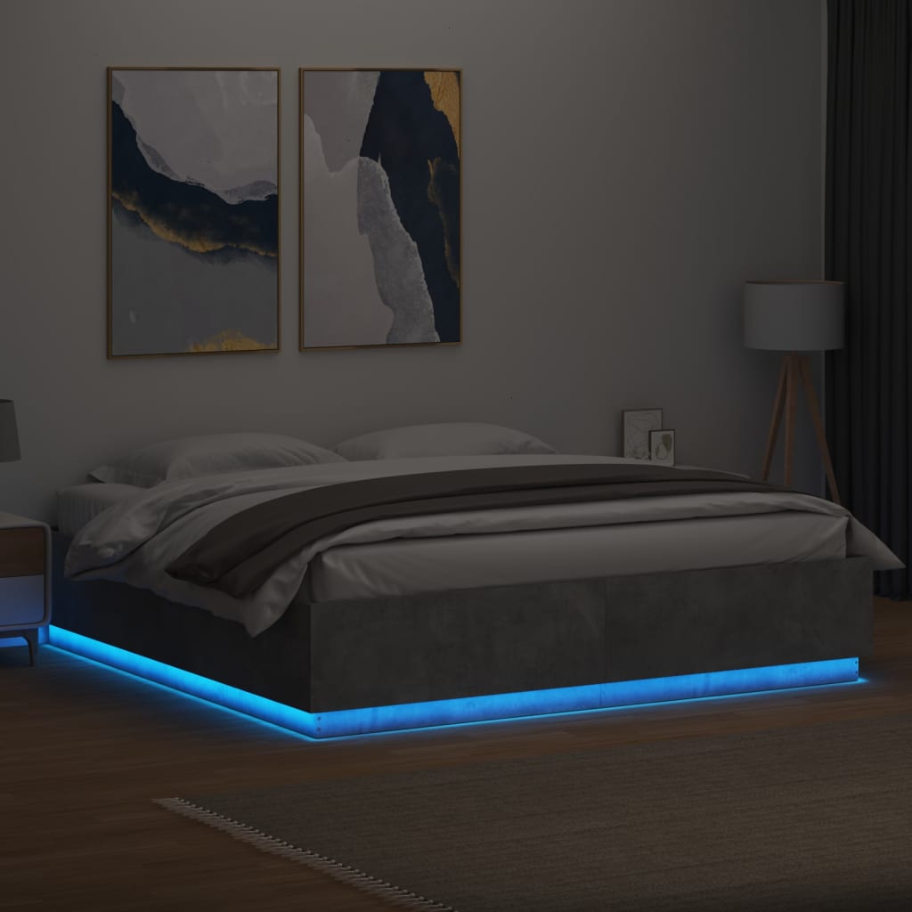 Πλαίσιο Κρεβατιού με Φώτα LED Γκρι Σκυρ. 200x200 εκ. Επεξ. Ξύλο