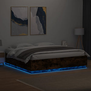 Πλαίσιο Κρεβατιού με Φώτα LED Καπνιστή δρυς200x200εκ.Επεξ. Ξύλο