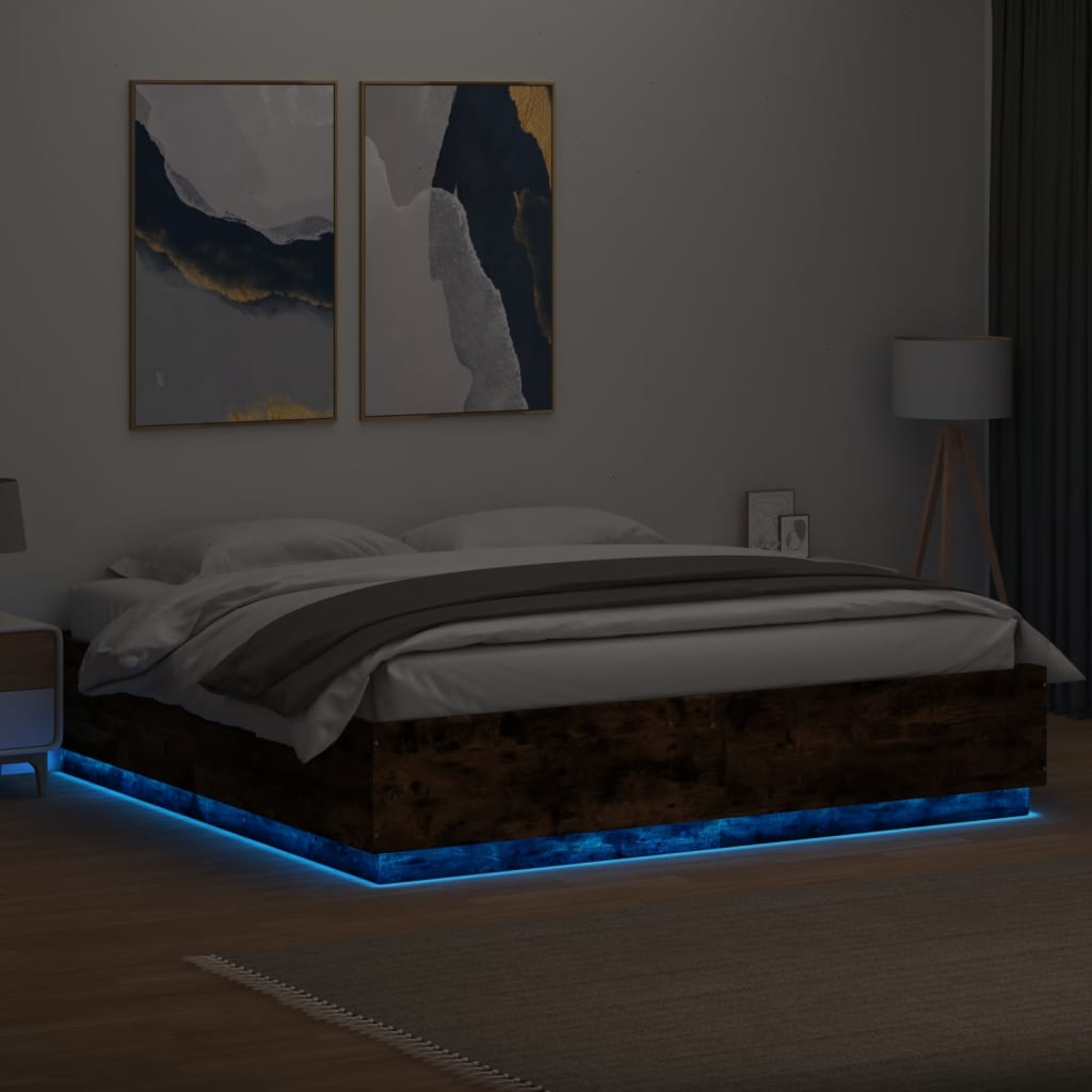 Πλαίσιο Κρεβατιού με LED Καπνιστή δρυς180x200εκ.Επεξ. Ξύλο