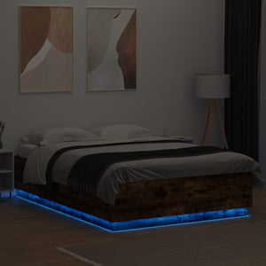 Πλαίσιο Κρεβατιού Φώτα LED Καπνιστή Δρυς 140x200 εκ.Επεξ. Ξύλο