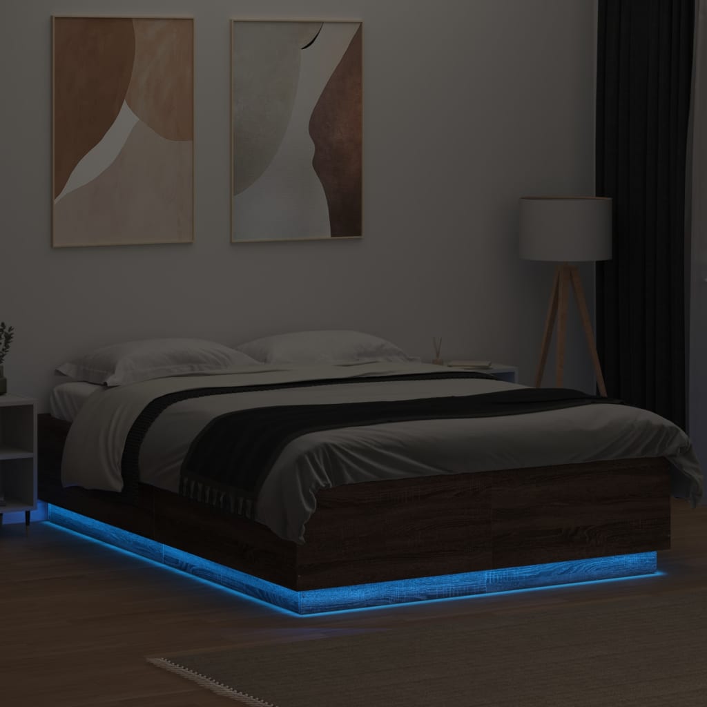 Πλαίσιο Κρεβατιού με Φώτα LED Καφέ δρυς 140x200 εκ. Επεξ. Ξύλο