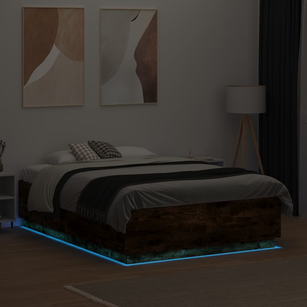 Πλαίσιο Κρεβατιού με LED Καπνιστή Δρυς 135x190εκ. Επεξ. Ξύλο