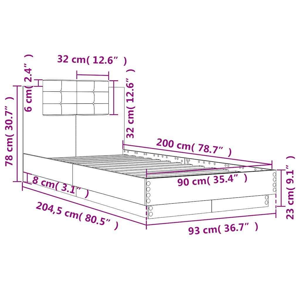 Πλαίσιο Κρεβατιού με Κεφαλάρι Γκρι Sonoma 90x200 εκ. Επεξ. Ξύλο