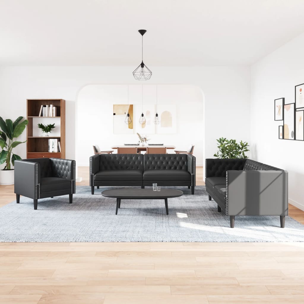 Σετ Καναπέδων Chesterfield 3 Τεμαχίων από Μαύρο Συνθετικό Δέρμα - Pakobazaar
