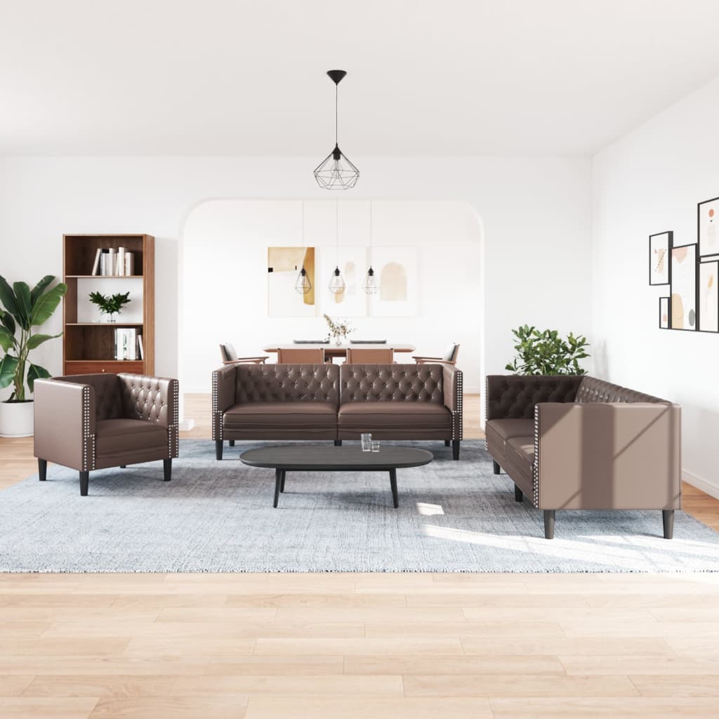 Σετ Καναπέδων Chesterfield 3 Τεμαχίων από Καφέ Συνθετικό Δέρμα - Pakobazaar
